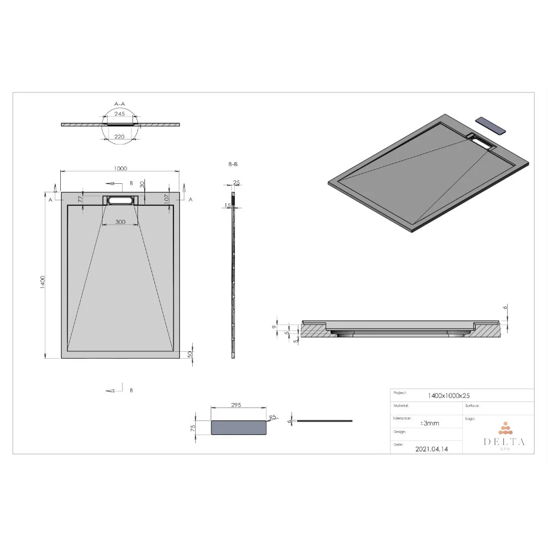 Tuš kada Delta SPA STONE 140x100 bijela - Slika 2